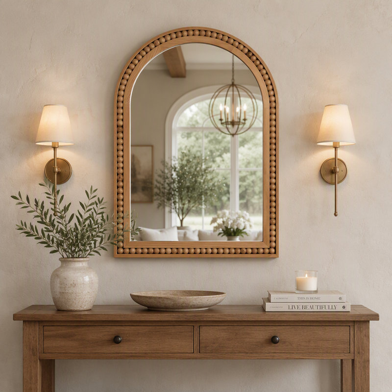 Miroir mural 20 po x 30 po avec cadre en bois massif perlé, Brun