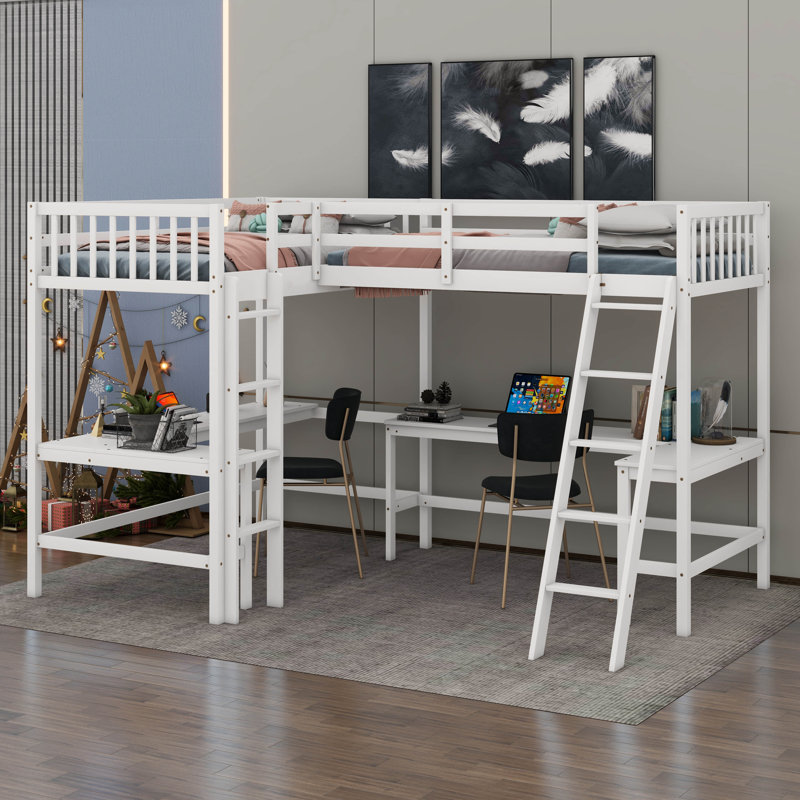 Wood Twin Size L-Shaped Loft Bed With Ladder And 2 L-Shaped Desks, White