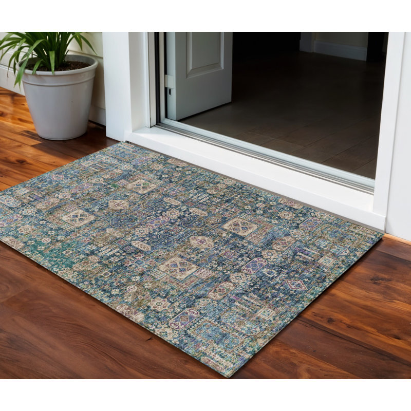 9' X 12' Green Navy Blue And Ivory Oriental Washable Indoor Outdoor Area Rug, Rectangle 3' X 5'