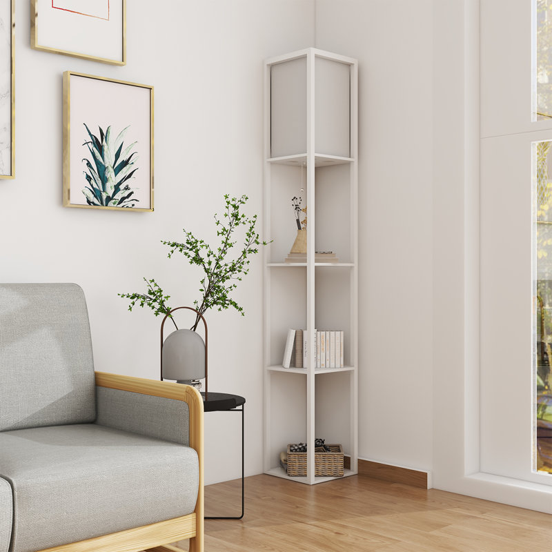 Floor Lamp with 3 Layers Wooden Shelves, Modern 160cm Standing Light Reading Lamp for Living Room, Yes, White