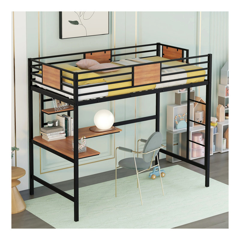 Lit mezzanine simple en métal avec bureau et tablette, noir, Noir