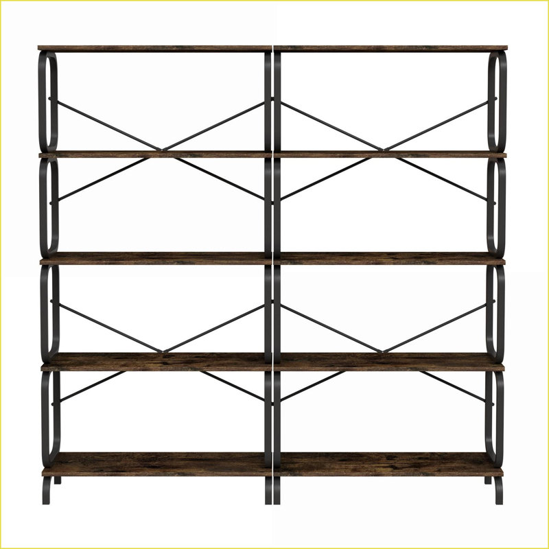 Bibliothèque, 5 niveaux industriel brun rustique | Panneau de fibres à densité moyenne + fer, anti-basculement, 90 lb / tablette | Industriel | Panneau de fibres à densité moyenne + fer