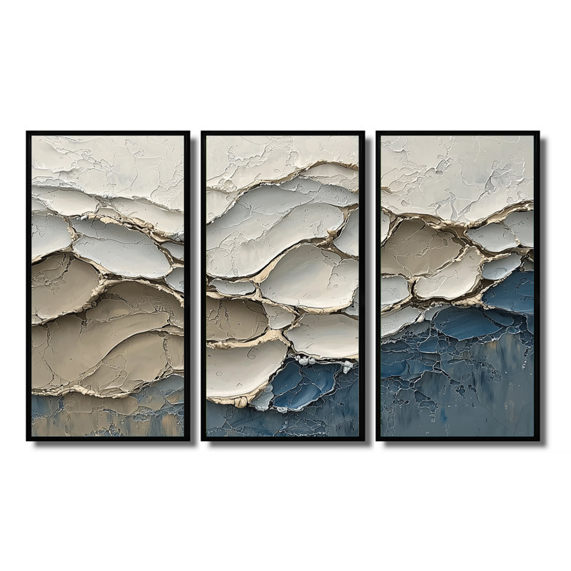 «Abstract Collages Coastal Waves Flow I», ensemble de 3 collages abstraits, H 28 po x l 36 po, Noir
