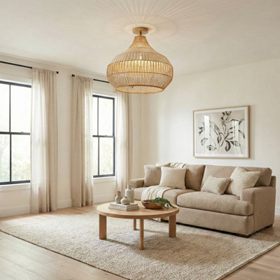 Beatrice Rattan Flush Mount – Rattan & Natural Dome 1-Light Semi Flush Mount Handwoven Adjustable Ceiling Light for Living Room or Haway in Modern, Boho, and Transitional Style
