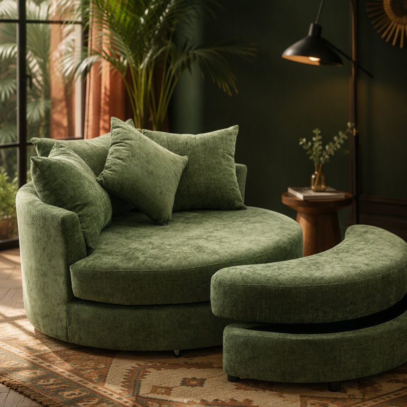 Fauteuil demi-tonneau pivotant à 360 ° avec repose-pieds avec rangement et 4 coussins, fauteuil de loisirs moderne en chenille, pour le salon, vert