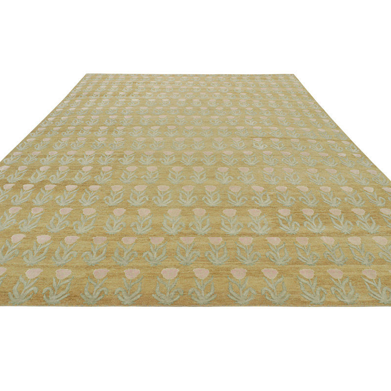 Rug & Kilim’S Block Print Custom Rug Design In Gold With Pink And Green Florals, Rectangle 10' x 14'