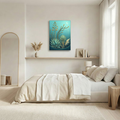 Toile agave sarcelle et yucca avec croissant de lune, art mural sur toile