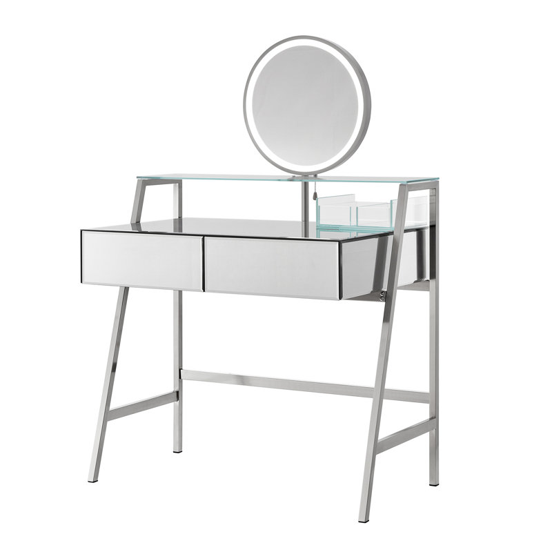 Meuble-lavabo à miroir 33,9 po avec miroir et lumières, coiffeuse à miroir avec 2 grands tiroirs et tablette ouverte, coiffeuse avec station de charge pour la chambre à coucher, argent
