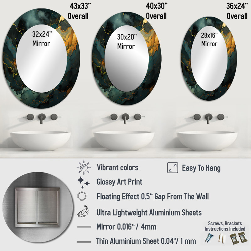 Gold And Green Abstract Marble Aura III - Large Oval Wall Mirror On Metal, 43" x 33"