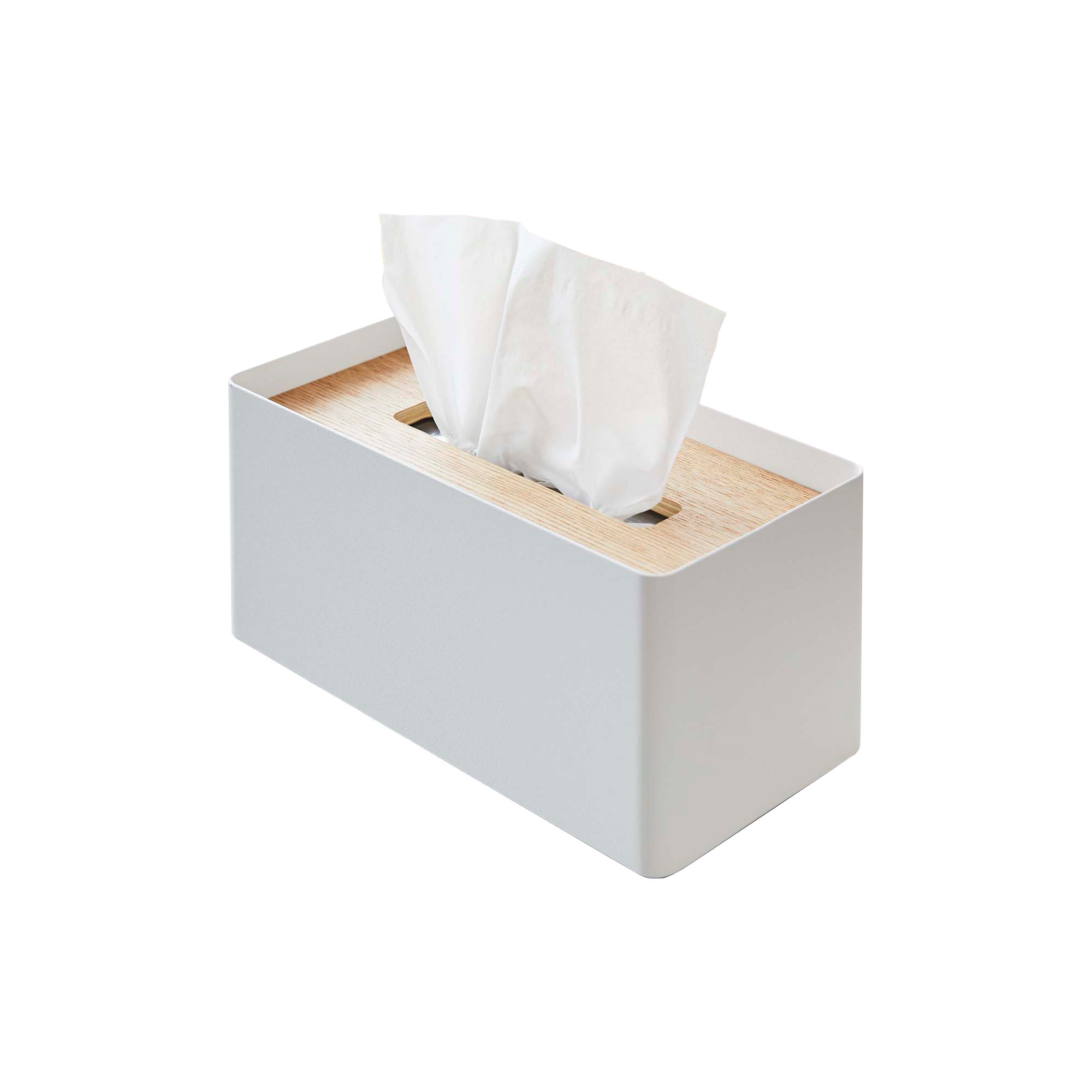 Yamazaki Home Rin Rectangular Reusable Tissue Box Cover Holder Case With Natural Wooden Lid, Steel, White/Natural