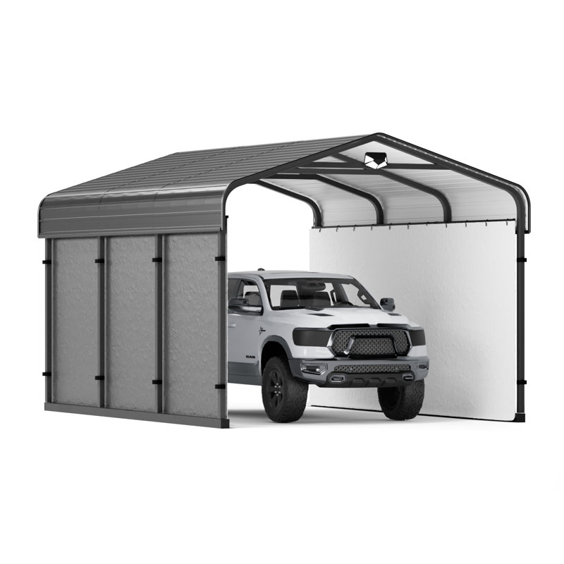 10 Ft. W x 15 Ft. D Heavy-Duty Metal Carport with Galvanized Roof & Fabric Walls, Solar Light,  All-Weather Outdoor Canopy Shelter Rated 50psf Snow