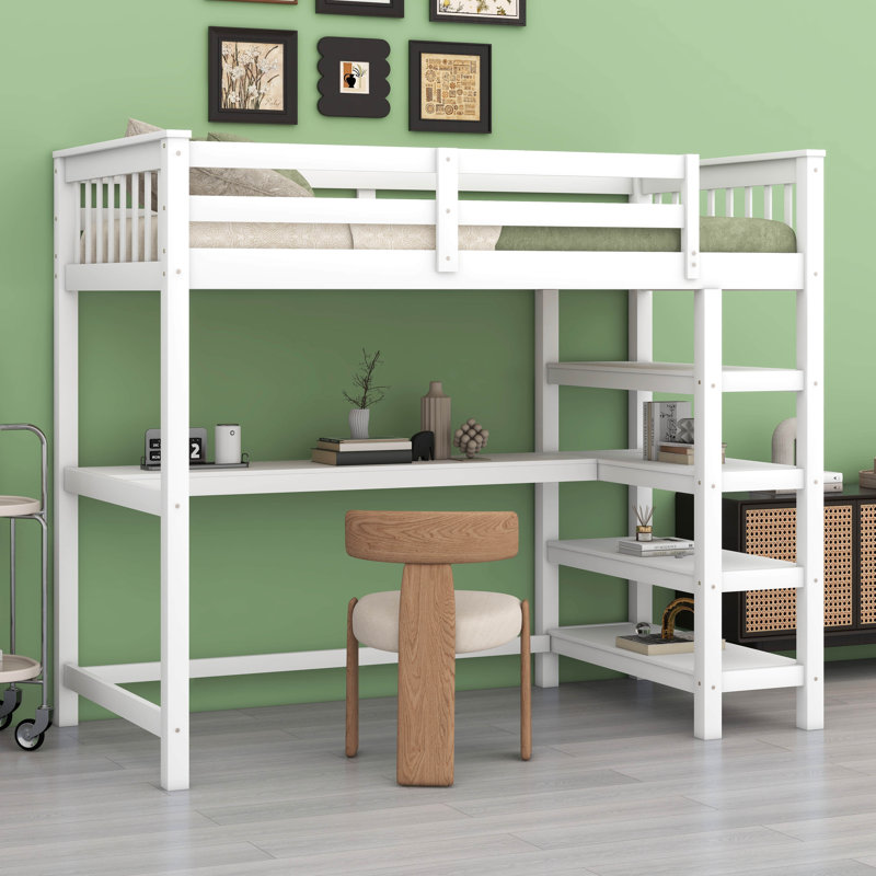 Loft Bed With And Under-Bed Desk, Multifunctional Solid Wood Bed Frame With Storage Shelves, Twin