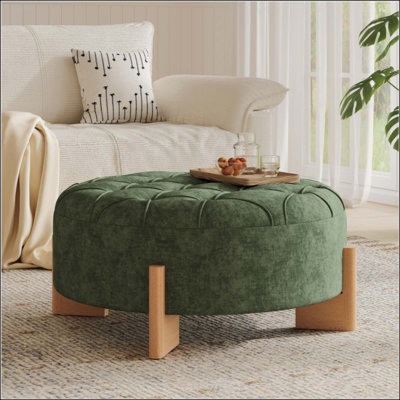 Repose-pieds rond capitonné avec pieds en bois massif, table basse moderne avec boutons capitonnés, lignes passepoilées, repose-pieds en chenille pour le salon