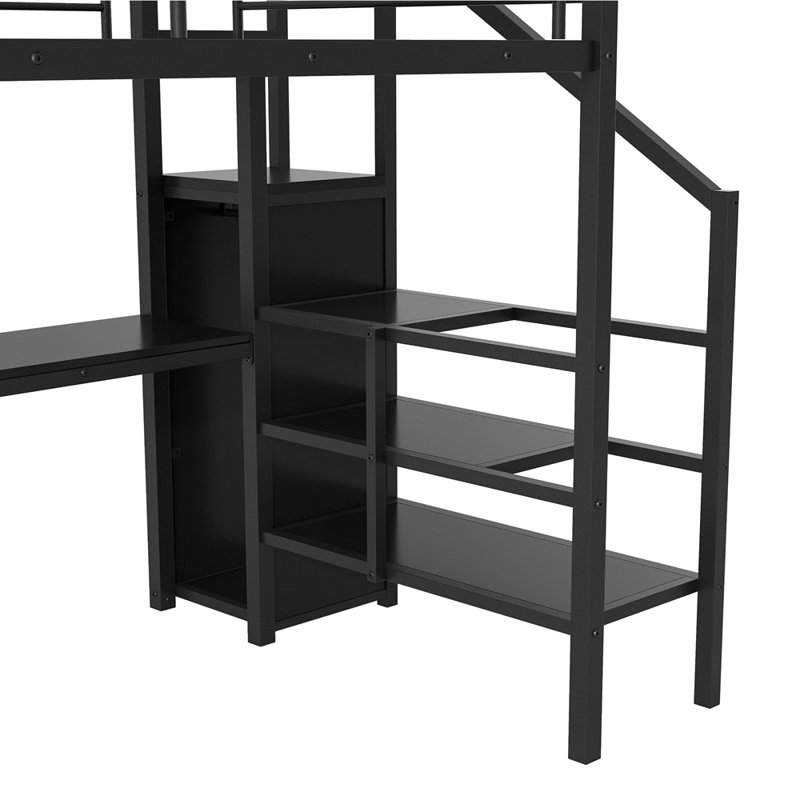 Lit mezzanine double en métal avec bureau, escalier de rangement, petite armoire et lumière DEL, Noir