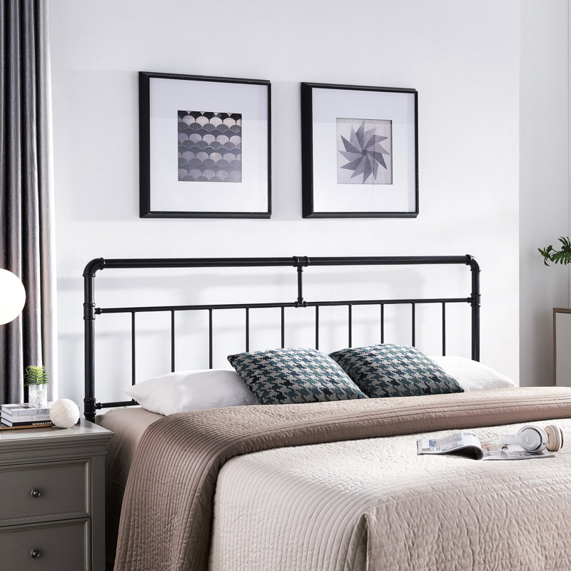 Industrial Design King Size Headboard With Iron Frame, Piped Accents, Flat Black Colour, 47.61 In Height Headboard, 78.37 Depth