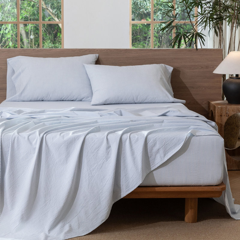 Ensemble de draps 100% coton lavé MooMee, Ensemble de draps pour grand lit avec 2 taies d'or, Rayures fines : Bleu et blanc