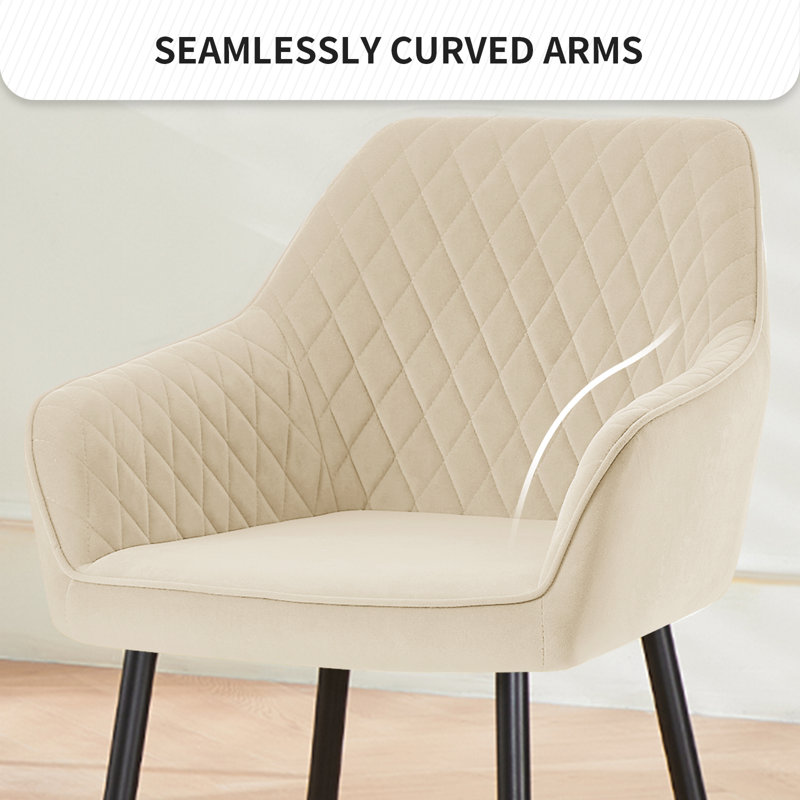 Velvet Upholstered Dining Chairs With Armrests & Diamond Tufting  , Beige