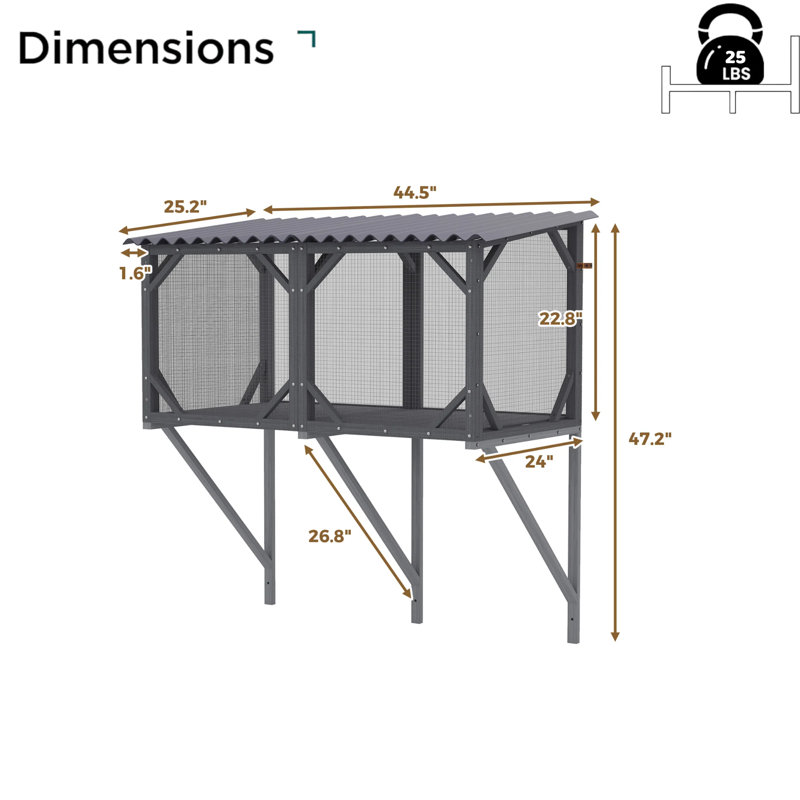 43.3" Solid Spruce Catio with Weatherproof Roof & 360° View, Window-Mounted for Indoor Cats, Grey