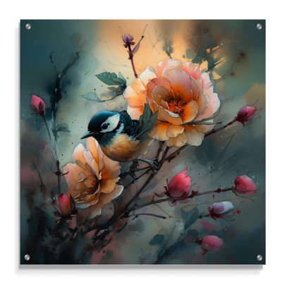 Blue Little Bird On Rose Tree Banch I - Bird Floral Acrylic Wall Art