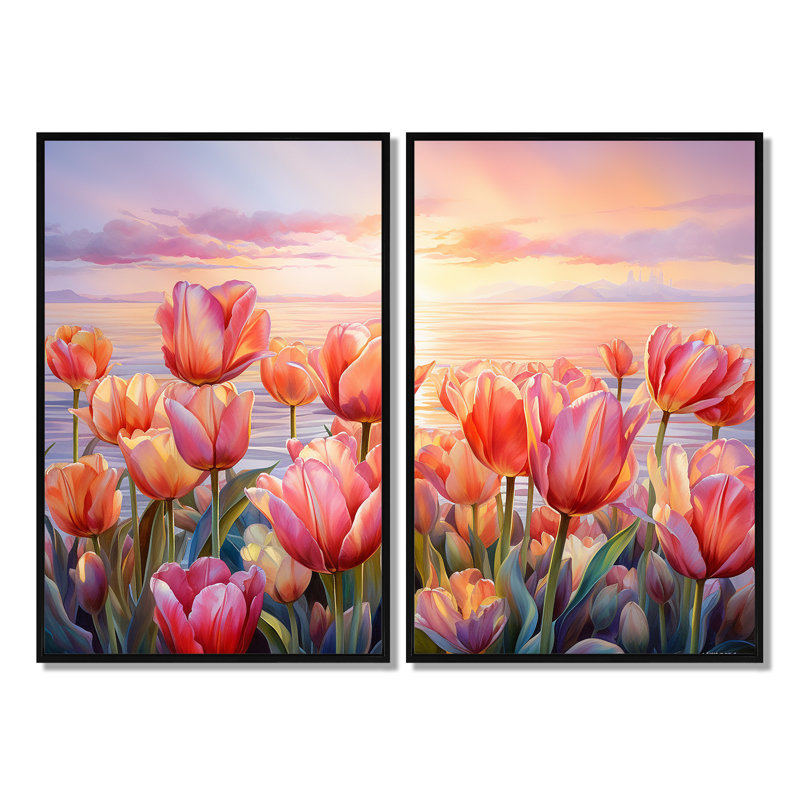 Tulipes coucher de soleil IV - art mural rose, Noir, H 36 po x l 48 po, Reproduction encadrée sans passe-partout