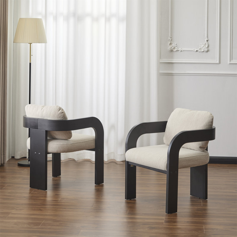 Ensemble de 2 chaises de salle à manger avec dossier coussiné, tissu beige, structure en bois massif noir, Beige, Noir