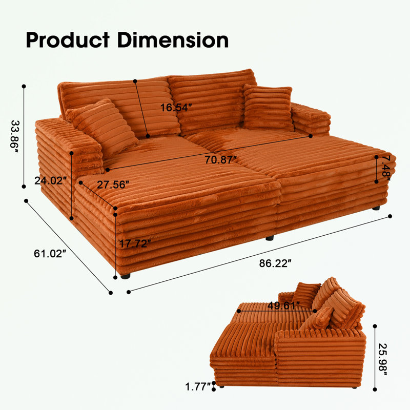 Causeuse en velours côtelé avec 2 coussins, Orange