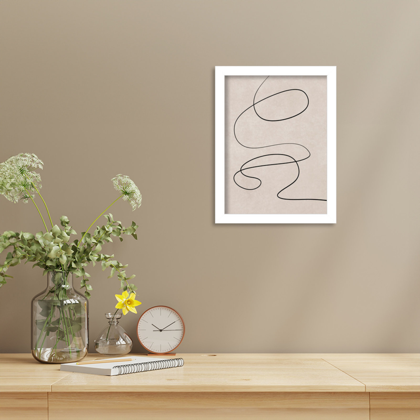 Black Line and Textured Beige Print, 13" H x 10" W, White