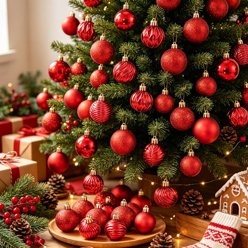 Décorations de Noël - Ensemble de 60 boules extraterrestres décoratives - Décoration pour sapin de Noël, Rouge