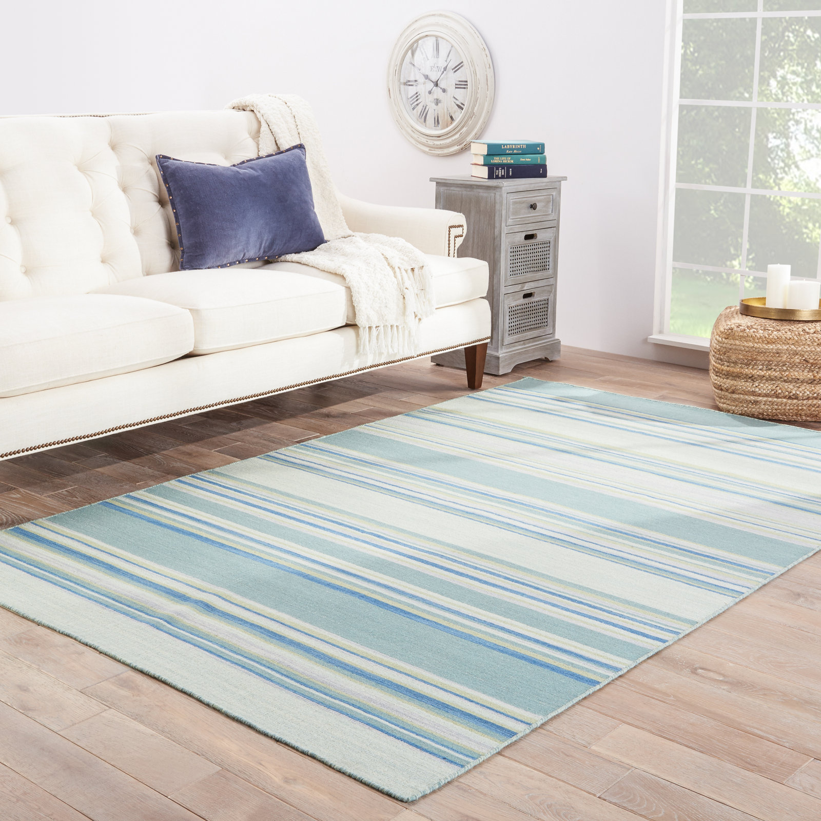 Creekmont Blue Hand-Woven Striped Wool Rug, Rectangle 8'10" x 11'9"	