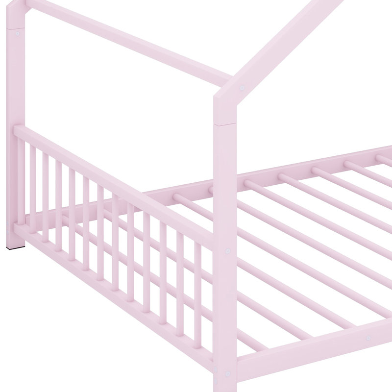 Modern Metal House Bed with Sturdy Construction, Pink