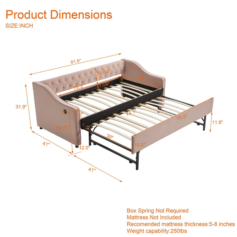 Twin Size Upholstered Daybed with Trundle,USB Port ,Side Pockets,Velvet Daybed with Button on Back and Piping on Waved Shape Arms for Bedroom Guest Room
