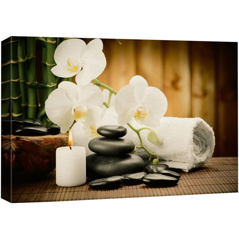 «White Orchid Zen Bamboo Candle Massage Stones Nature Wilderness» sur impression sur toile, H 16 po x l 24 po x P 1,5 po