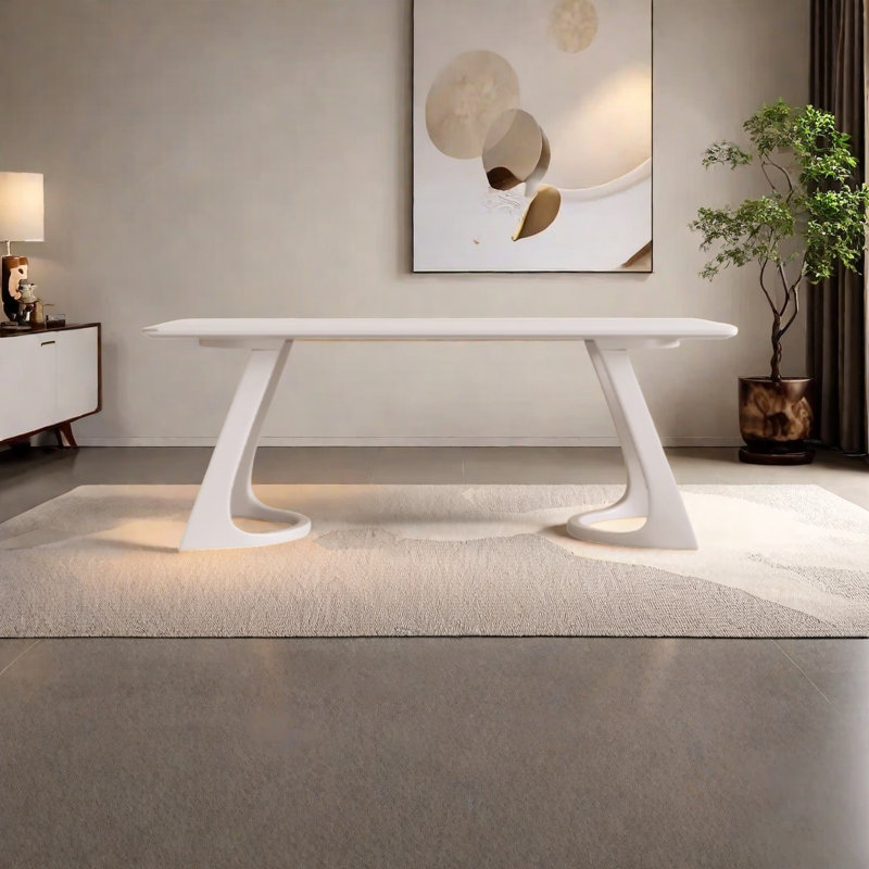 Table en pierre frittée avec base en bois de frêne massif, H 29,5 po x L 70,8 po x l 35,4 po, Crème, crème, Crème, crème