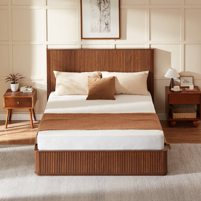 Fluted Queen Size Platform Bed, Low Profile Bed Frame With Headboard, No Box Spring Needed