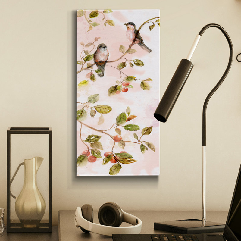 Blush Birds I - peinture sur toile tendue, H 16 po x l 8 po x P 1 po