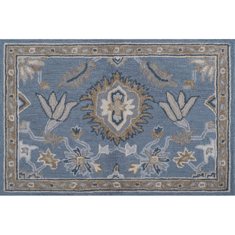 Greer Hand Tufted Wool Floral/Oriental Area Rug in Denim/Brown/Cream/Tan/Teal, Rectangle 2' x 3'