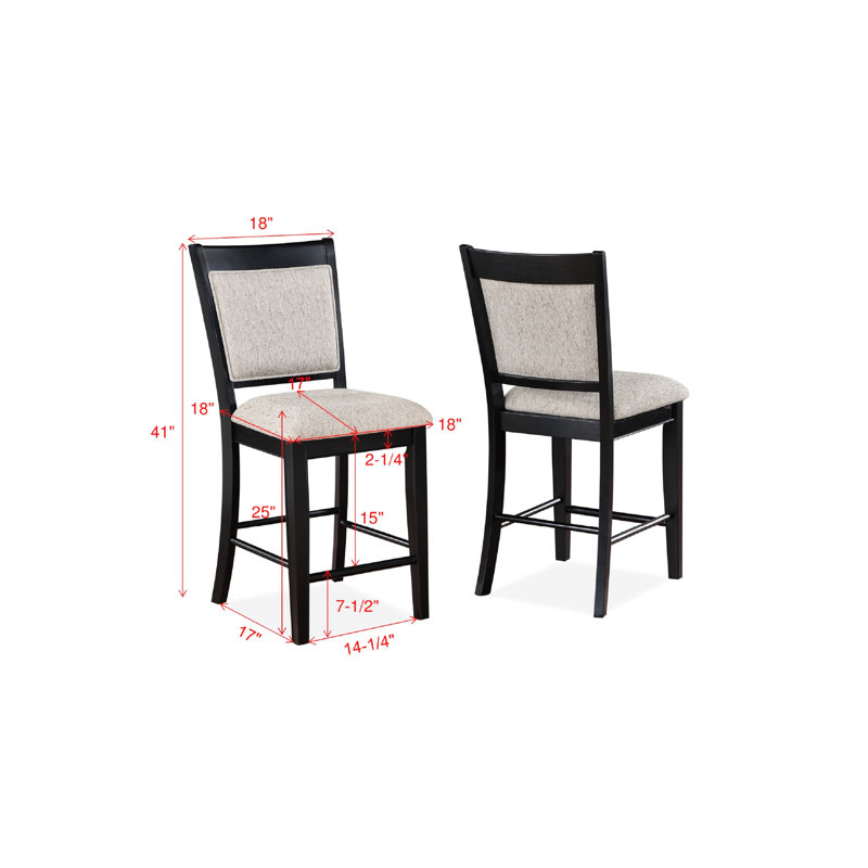 Paire de chaises à hauteur de comptoir Style - Siège et dossier rembourrés gris, finition noire avec repose-pieds, bois pour les chaises de salle à manger exquises 2pc et rembourrés, repose-pieds en bois de style moderne