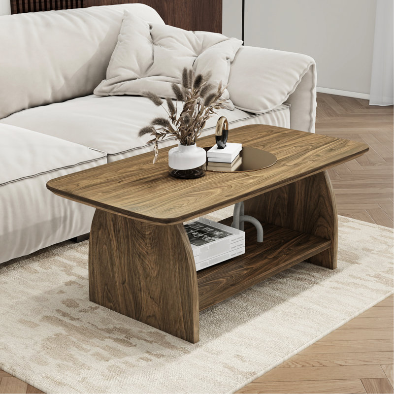 Table basse moderne à double couche de 46,65 pouces de profondeur, forme rectangulaire, cadre, bords arrondis, salon familial, conception à profil bas, coin, construction