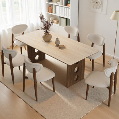 Table de salle à manger 71 "moderne en forme de travertin avec base en bois de noyer, table de cuisine rectangulaire pour 4 à 6 personnes