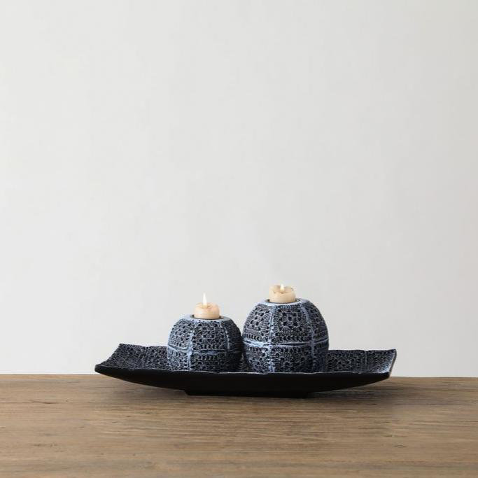 Gray 3 Piece Quilted Design Tealight Holder and Tray Set