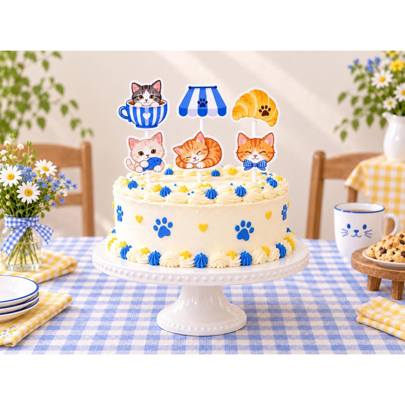 Kitten, décorations de gâteaux de café, choix d'anniversaire de fête de thé pour chat, ensemble de chat en carton jaune et bleu