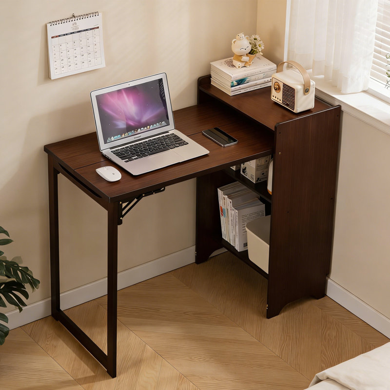 Bamboo Foldable Computer Desk with Hidden Storage Cabinet , Walnut Brown