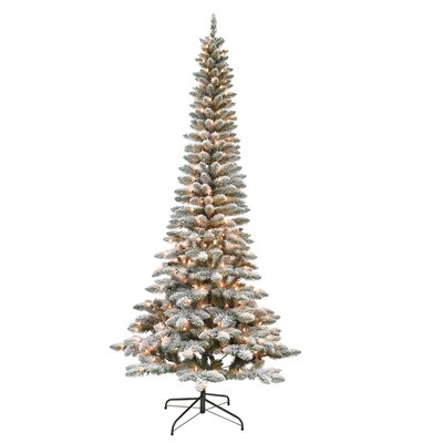Flocked Pencil 7.4' Green Spruce Pine Artificial Christmas Tree with 250 Clear/White Lights -  The Holiday Aisle®, 67EC7961D2174936A68956B506DAD253