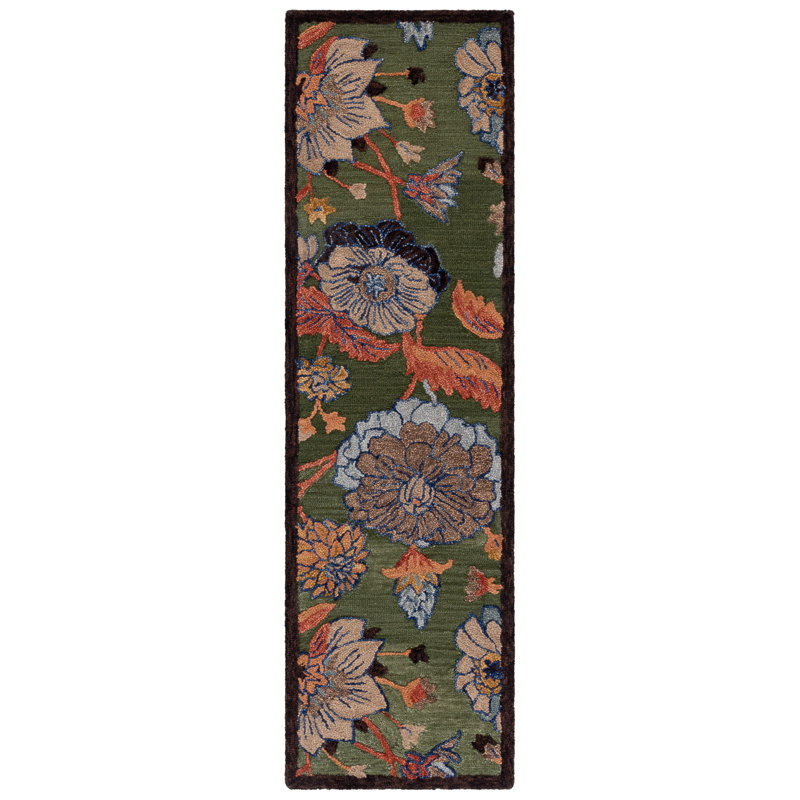 Tapis vert / bleu en laine / coton touffeté à la main Anacecilia 759, Tapis de couloir 2 pi 3 po x 8 pi