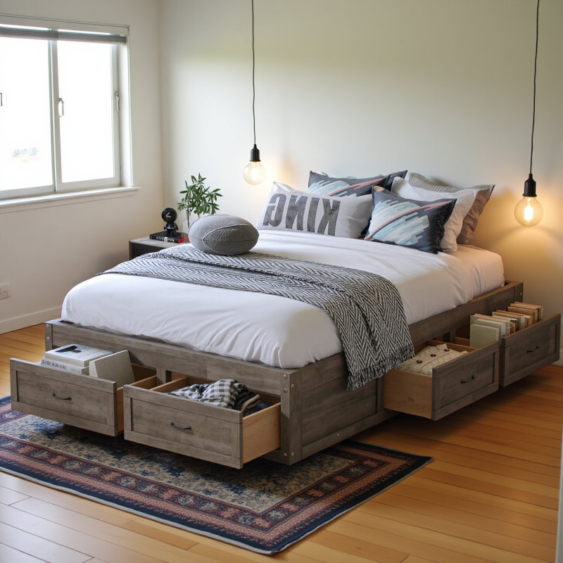 Lit plateforme double avec 6 tiroirs de rangement, gris antique