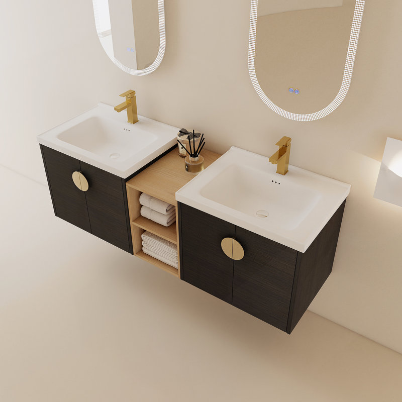 Meuble-lavabo à fermeture en douceur de 60 pouces avec lavabo et petites tablettes de rangement, Noir
