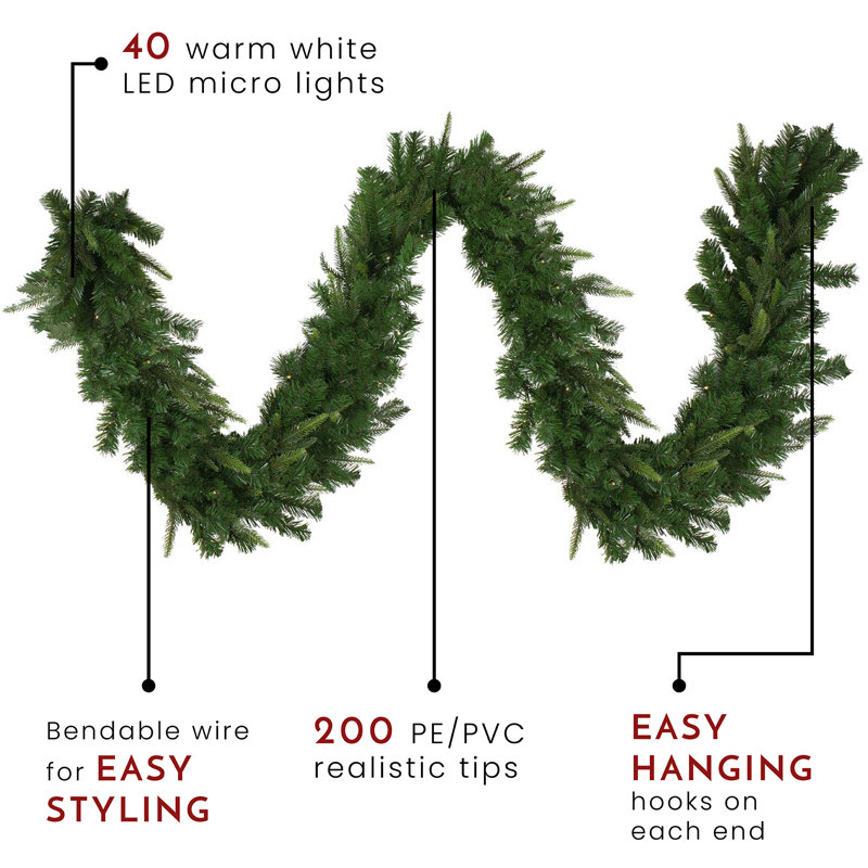 Guirlande de Noël artificielle 9 pi x 10 po avec lumières DEL blanc chaud Roosevelt