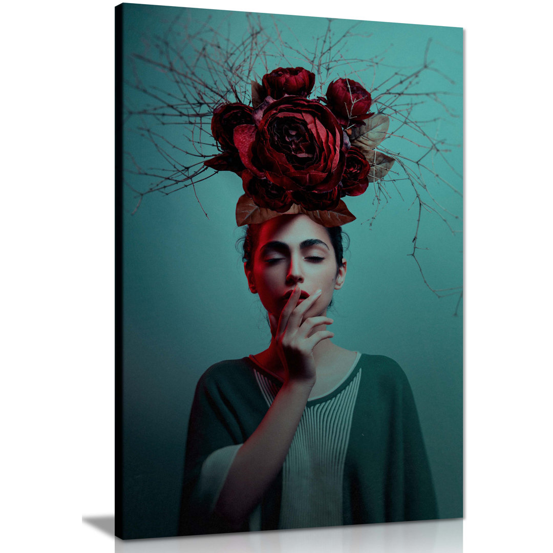 Panther Print Fine Art Prints Woman with Red Rose and Twigs Portrait Artistic Framed Canvas Prints, Pictures for Home Walls, Bedroom, Living Room and