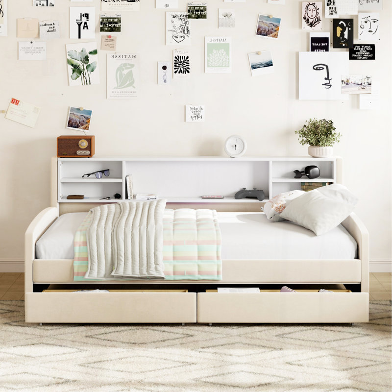 Lit plateforme simple tapissier avec rangement et tiroirs, beige