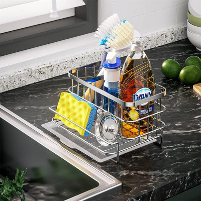 Organisateur de chariot de cuisine en acier inoxydable - Support à éponge et égouttoir pour évier multifonctionnel